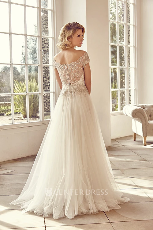 Off-The-Shoulder Maxi Short-Sleeve Beaded Tulle Wedding Dress