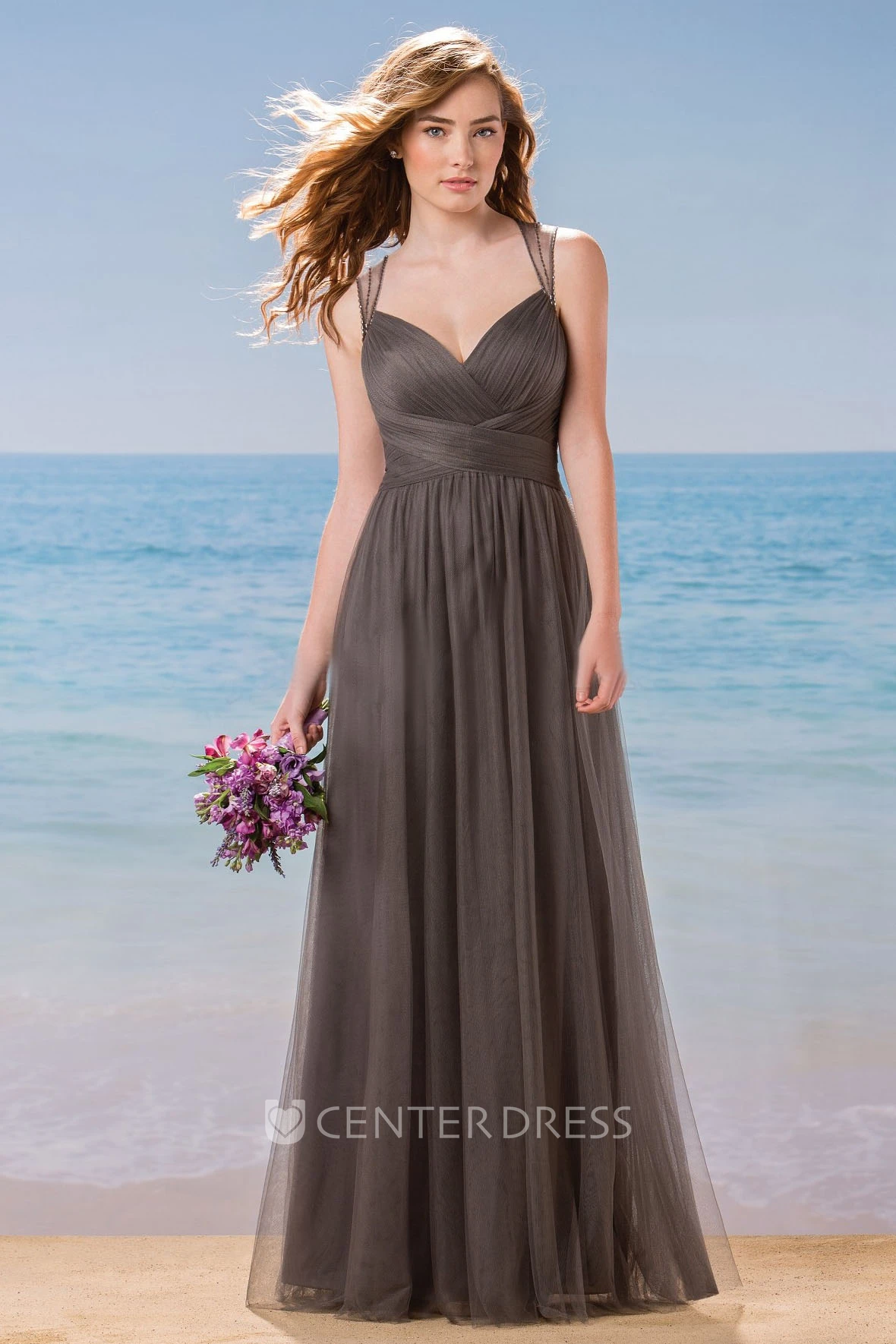 Sleeveless A-Line Tulle Gown With Crystals And Keyhole Back