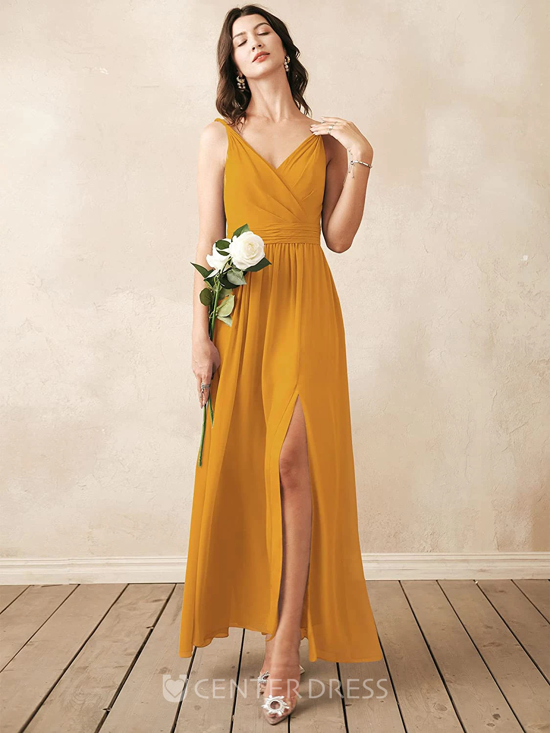 Sexy Chiffon Ankle-length V-neck A Line Sleeveless Bridesmaid Dress With Ruching