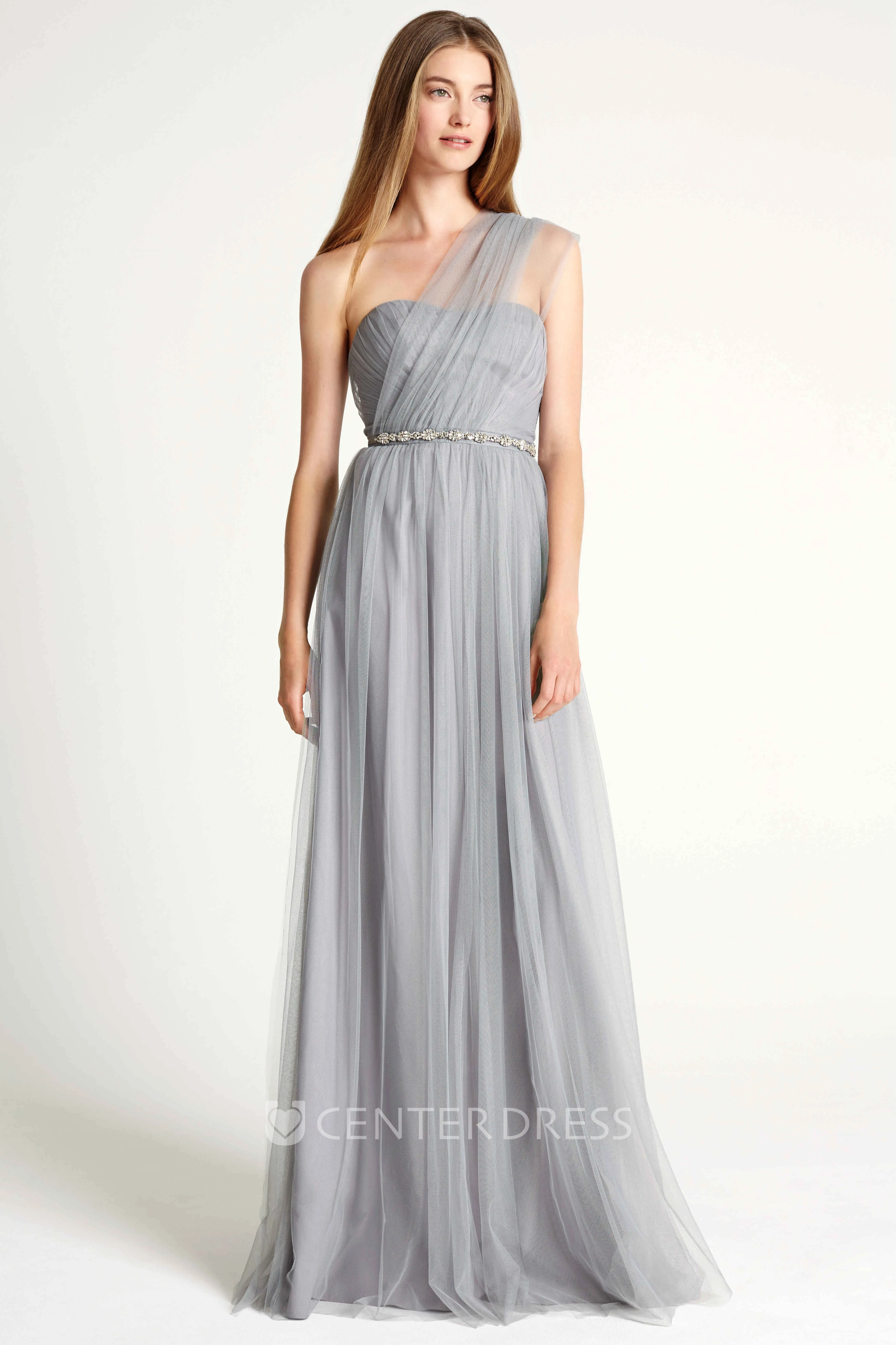 Jeweled One-Shoulder Sleeveless Tulle Bridesmaid Dress With Ruching