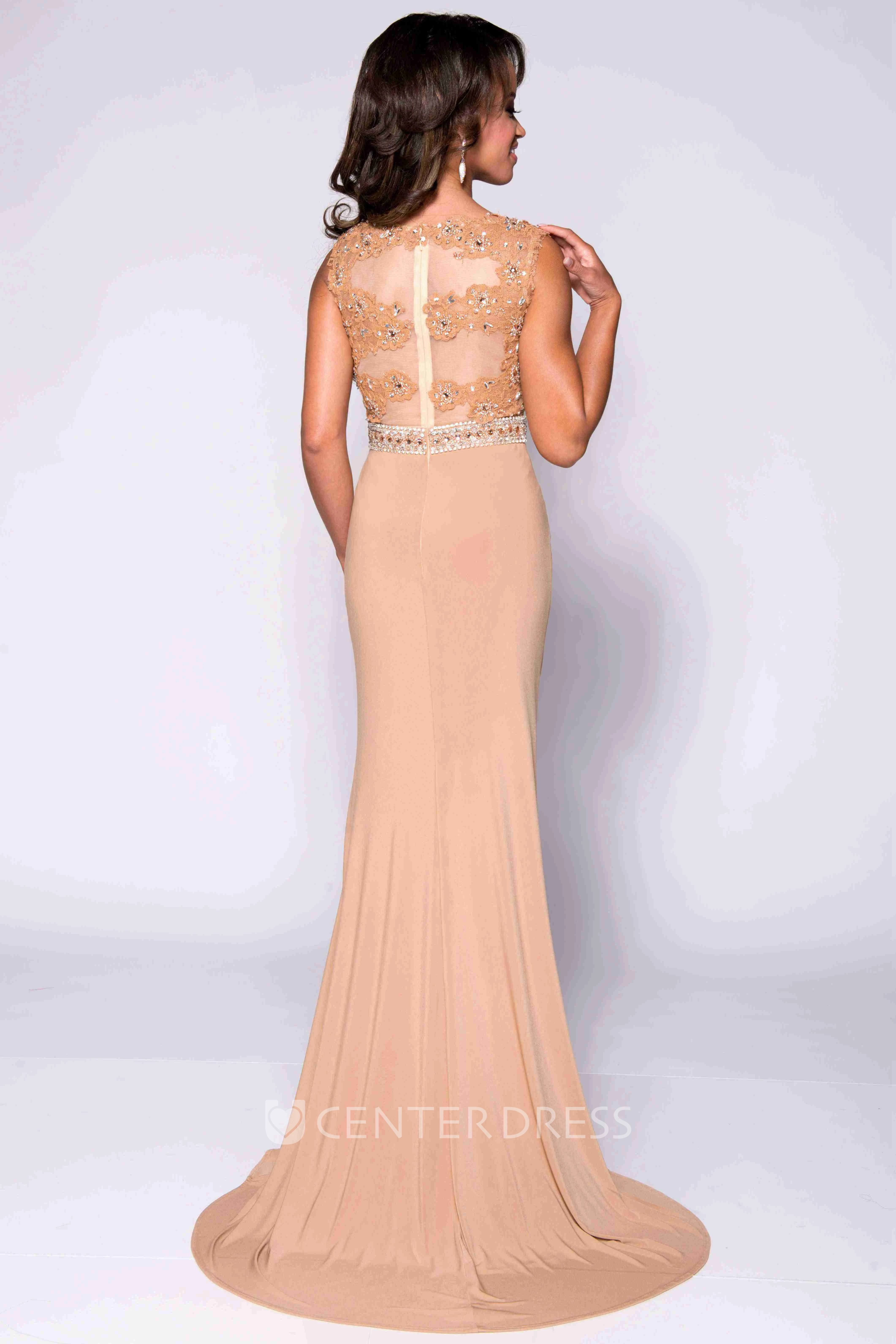 Jersey Sleeveless Side Slit Prom Dress With Beaded Lace Bodice