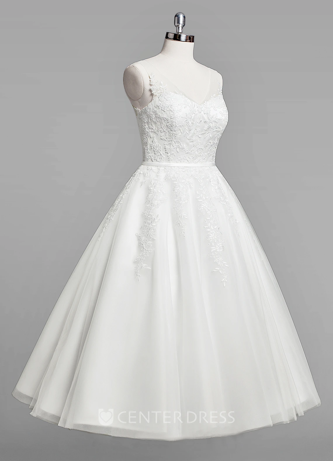 V-Neck Sleeveless A-Line Lace Tea-Length Wedding Dress