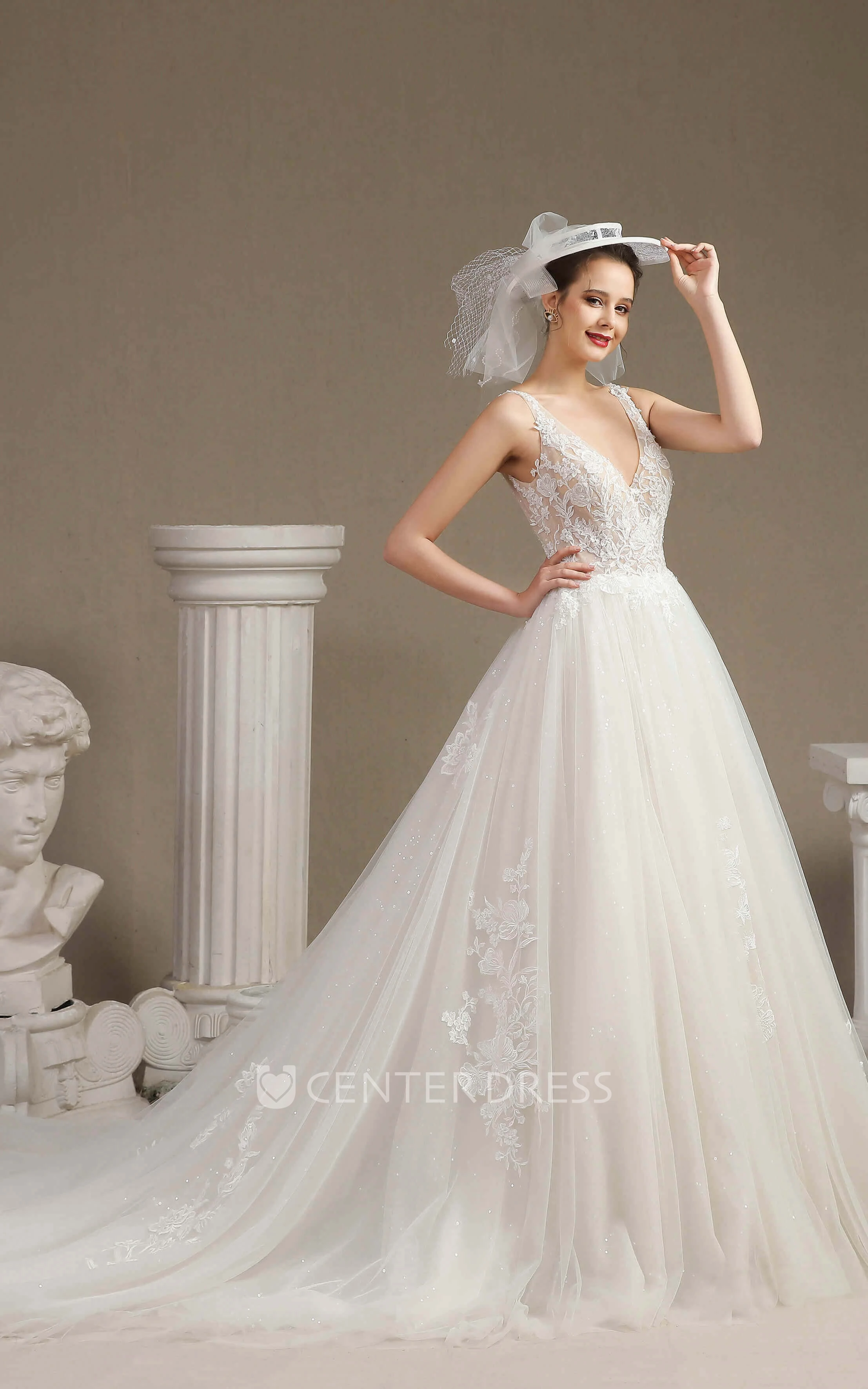 Sleeveless Lace Appliqued Ballgown Sexy Plunging V-neck Wedding Dress With V-back