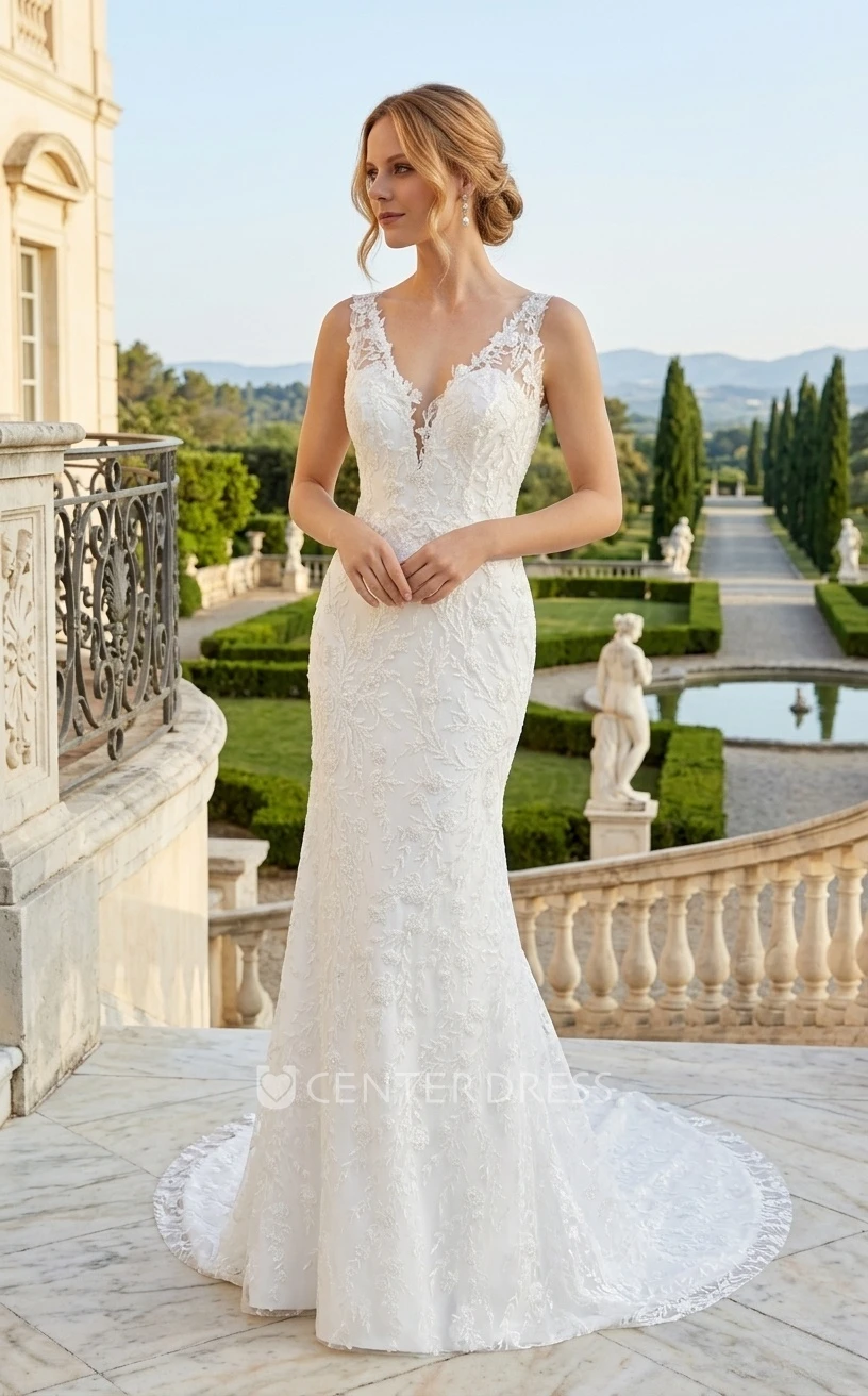 Romantic Floral Mermaid Boho Lace Fit and Flare Dress for Wedding Modern Beach Trumpet Sleeveless Bridal Gown