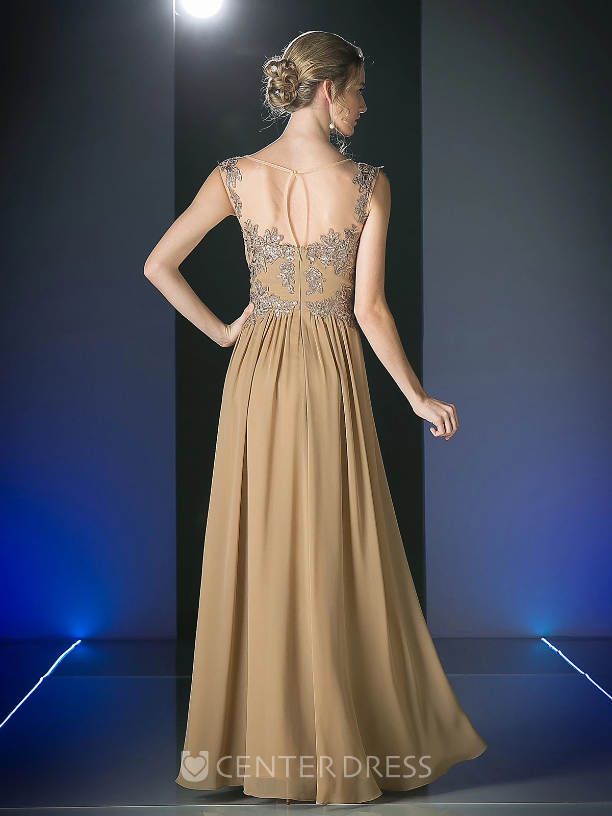 Sheath Ankle-Length Scoop-Neck Sleeveless Chiffon Illusion Dress With Appliques