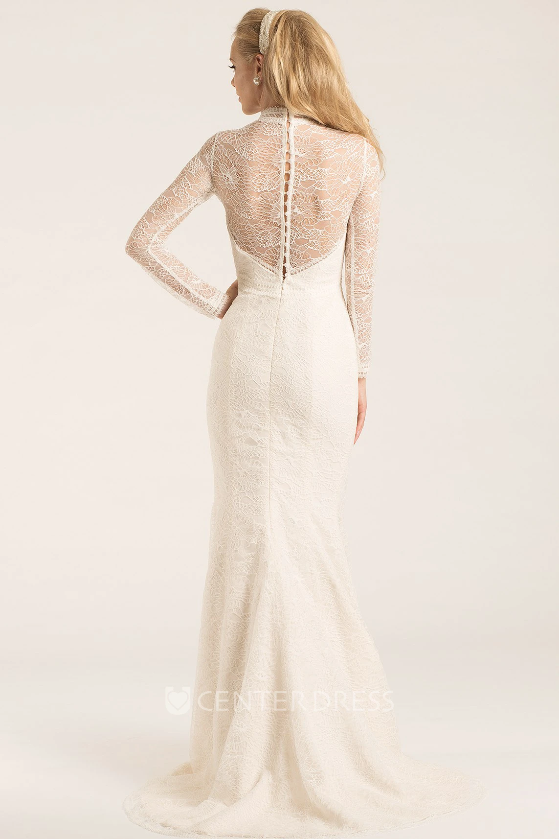 Sheath Long-Sleeve High Neck Long Lace Wedding Dress With Illusion