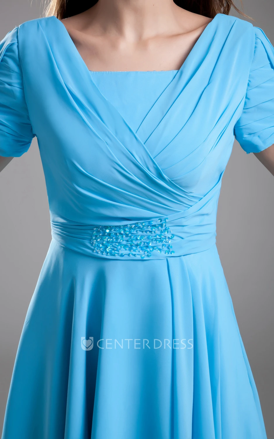 Chiffon Sleeve Square-Neck Midi Dress With Draping