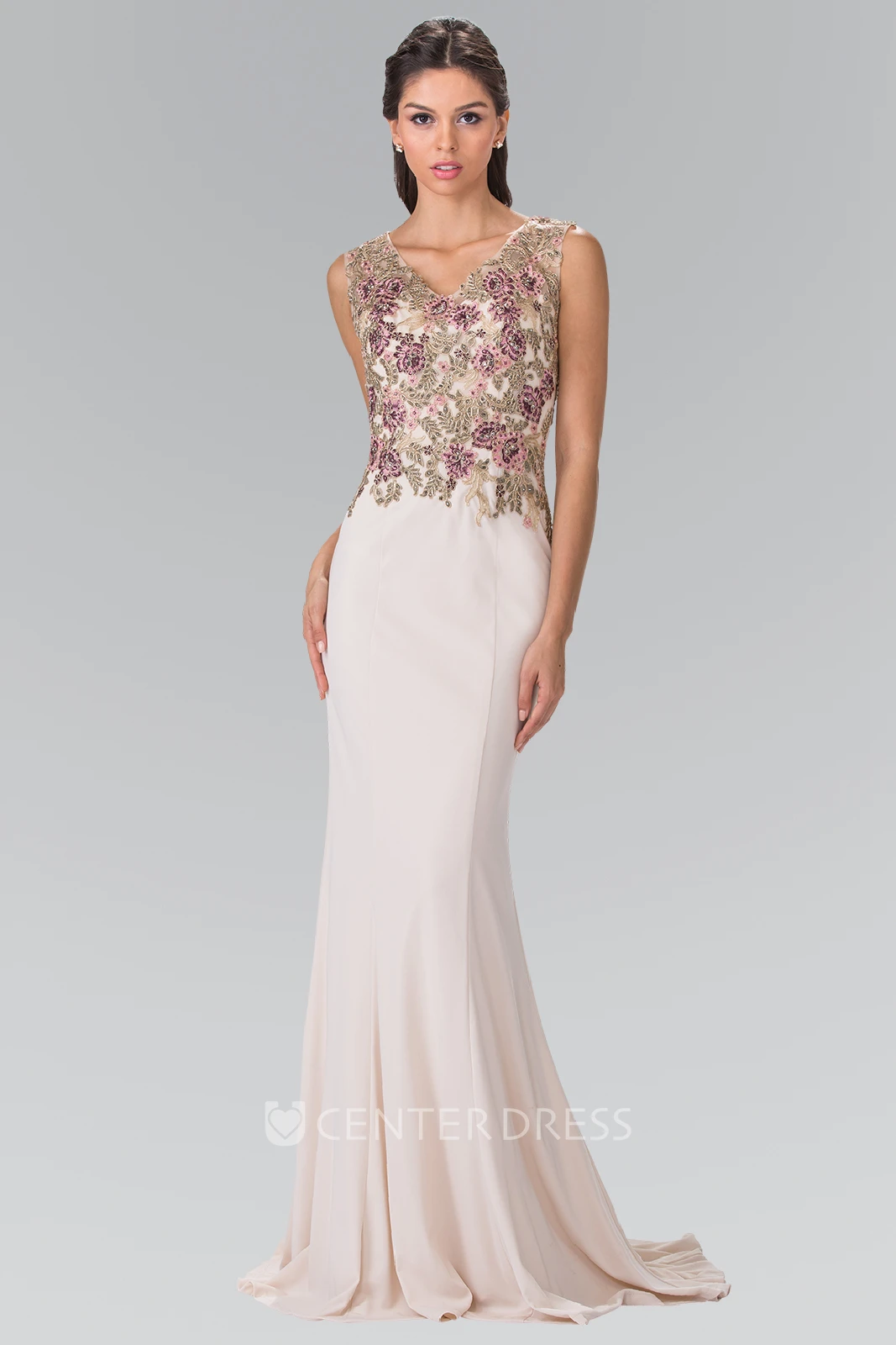 Sheath Maxi V-Neck Sleeveless Jersey Illusion Dress With Beading And Appliques