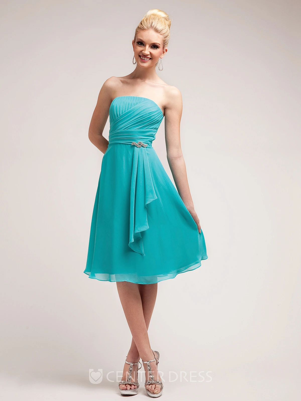 A-Line Knee-Length Strapless Sleeveless Chiffon Dress With Ruching