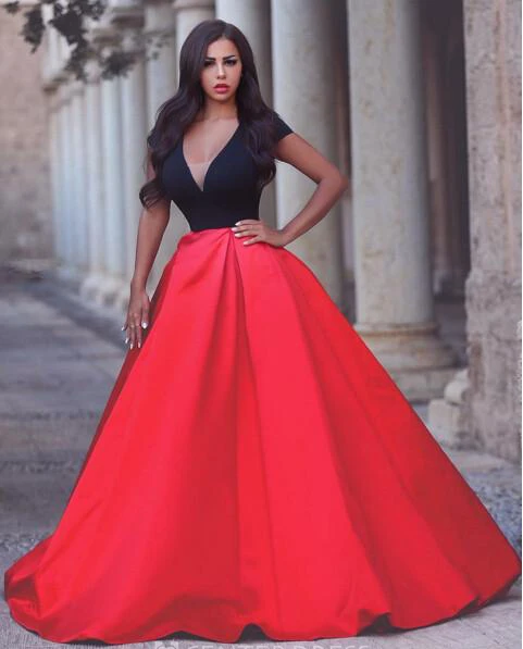Sexy Balack and Red Short Sleeve Evening Dresses Taffeta A-Line Evening Party Gown