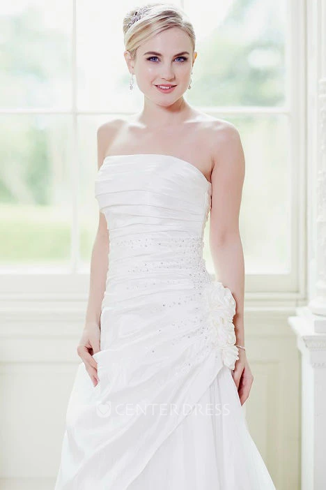 A-Line Draped Floor-Length Strapless Taffeta&Tulle Wedding Dress With Flower And Beading