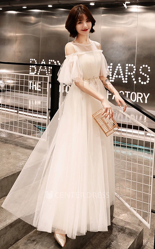Elegant Tulle Off-the-shoulder A Line Prom Formal Dress With Appliques