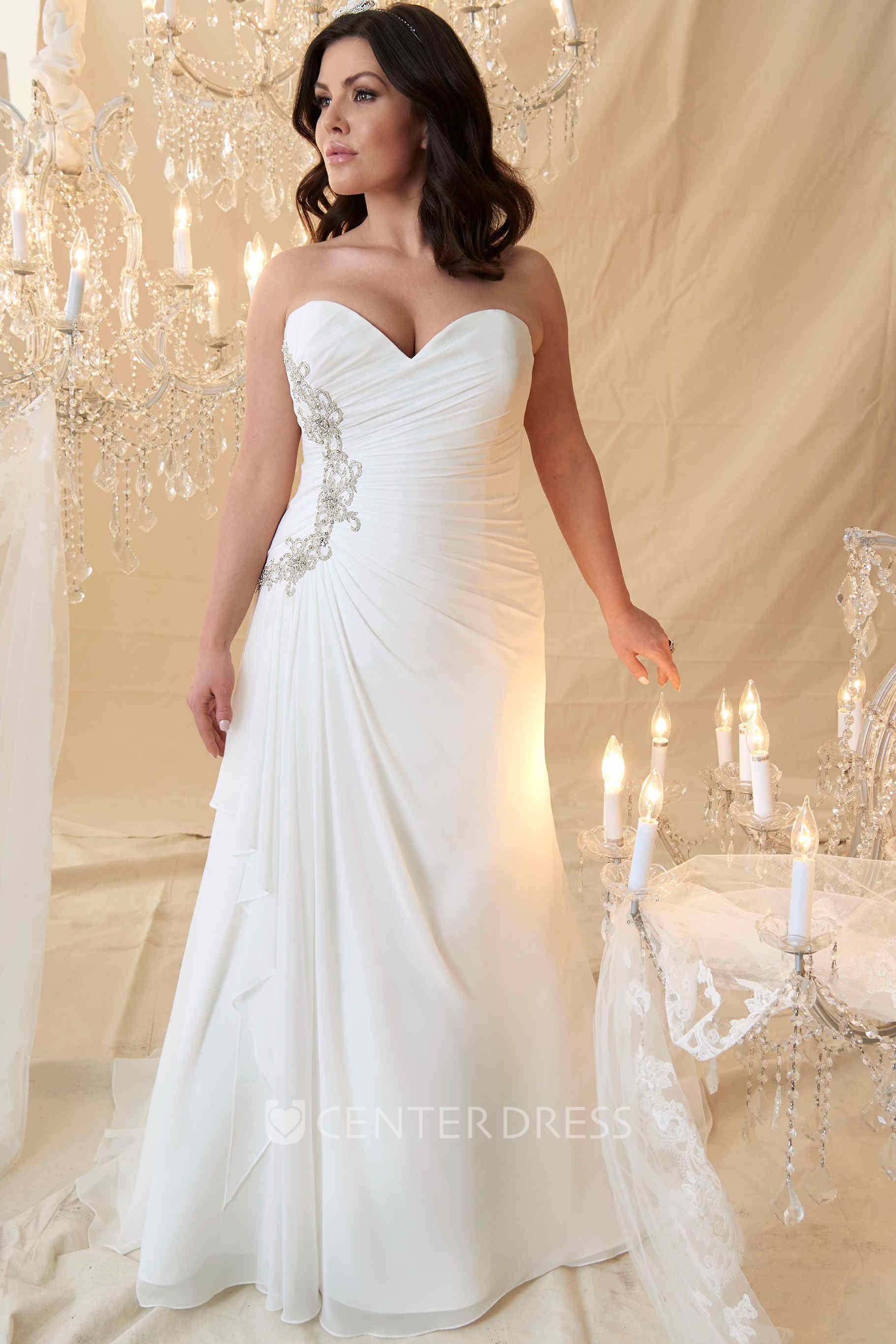 Sheath Long Beaded Sweetheart Chiffon Plus Size Wedding Dress With