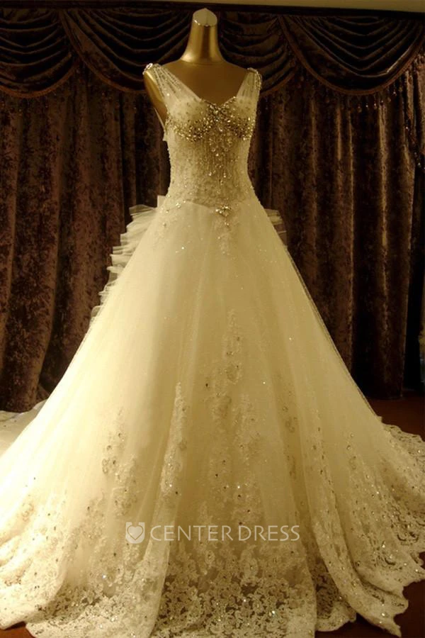 Ball Gown V-neck Lace Tulle Lace-up Corset Back Wedding Dress