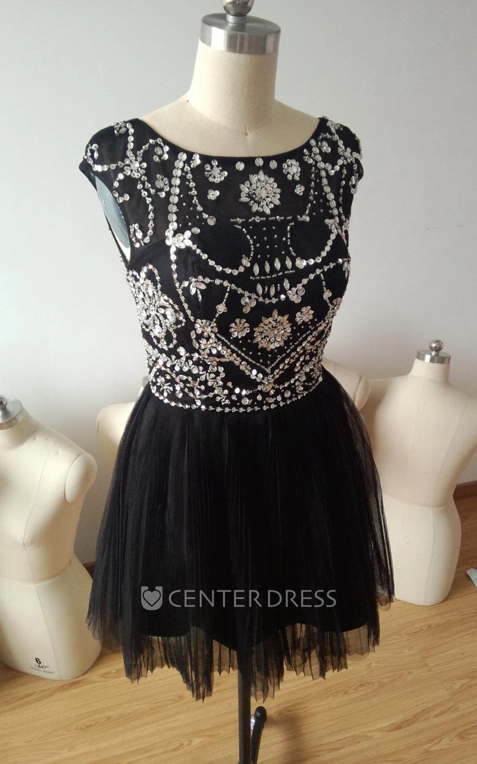 Mini Cap-sleeve A-line Chiffon Dresse With Crystal Detailing