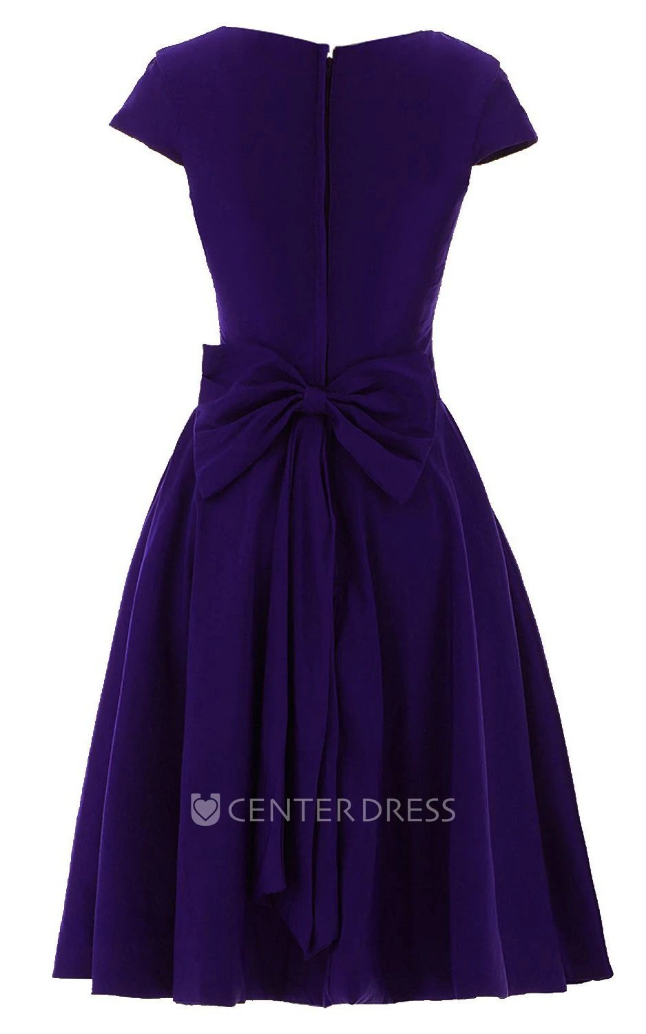 Short Sleeve Knee-length Pleated Chiffon Dress With Bowknot