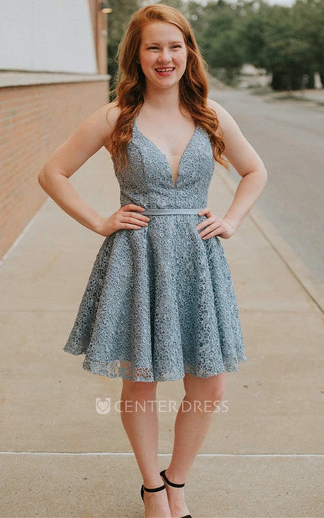 Casual Lace Plunging Neckline A Line Homecoming Dress With Open Back And Appliques