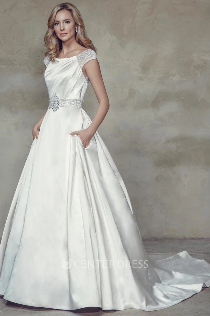 A-Line Bateau-Neck Jeweled Cap-Sleeve Maxi Satin Wedding Dress With Beading And V Back