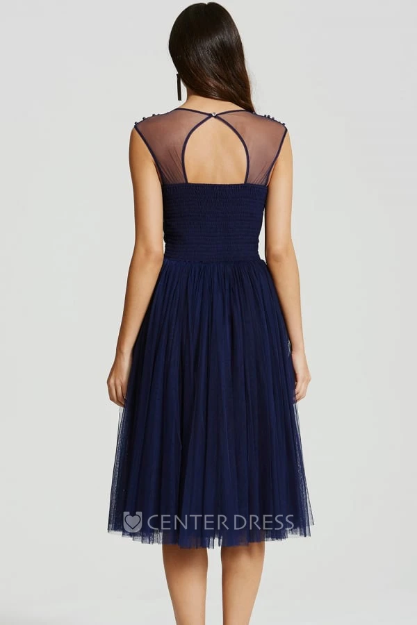 Tea-Length Beaded Scoop Neck Sleeveless Tulle Bridesmaid Dress