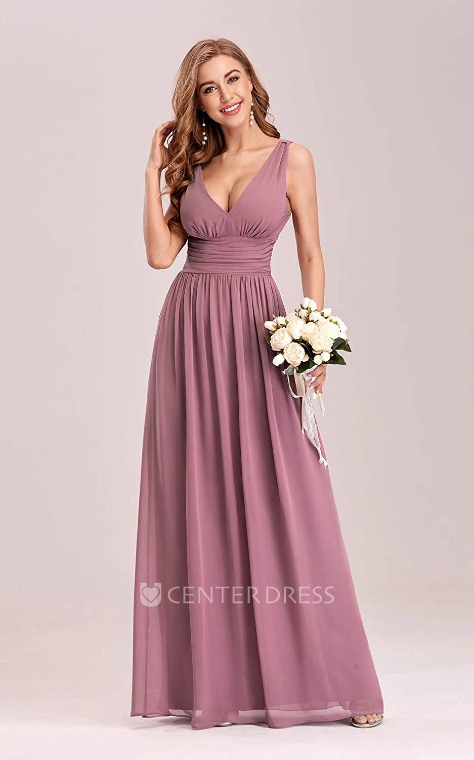 Romantic A Line Chiffon V-neck Sleeveless Prom Dress With Ruffles