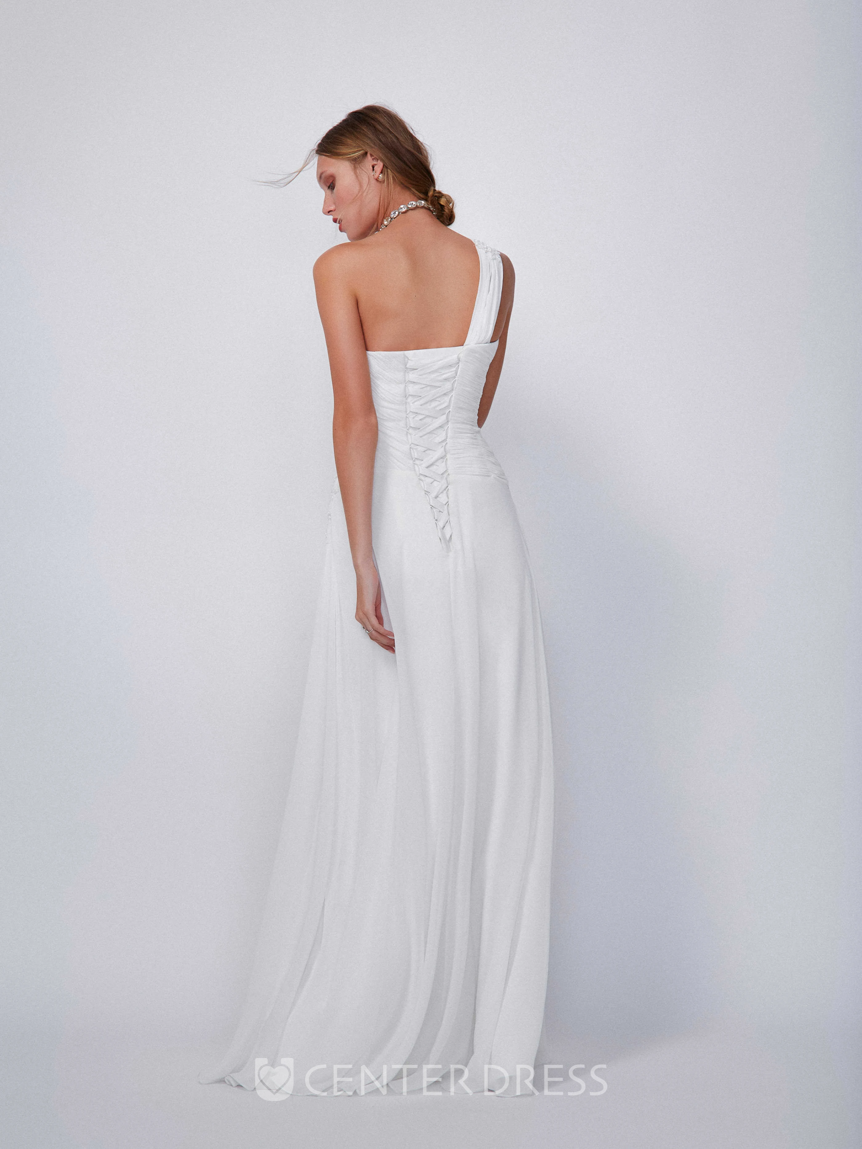 One-Shoulder Long Appliqued Chiffon Wedding Dress With Draping And Corset Back
