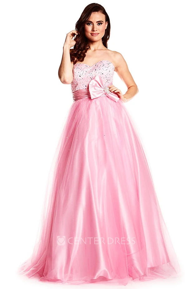 A-Line Sleeveless Sequined Sweetheart Floor-Length Tulle&Satin Prom Dress With Bow