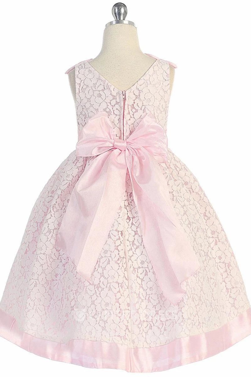 Tea-Length Bowed Floral Lace Flower Girl Dress With Sash