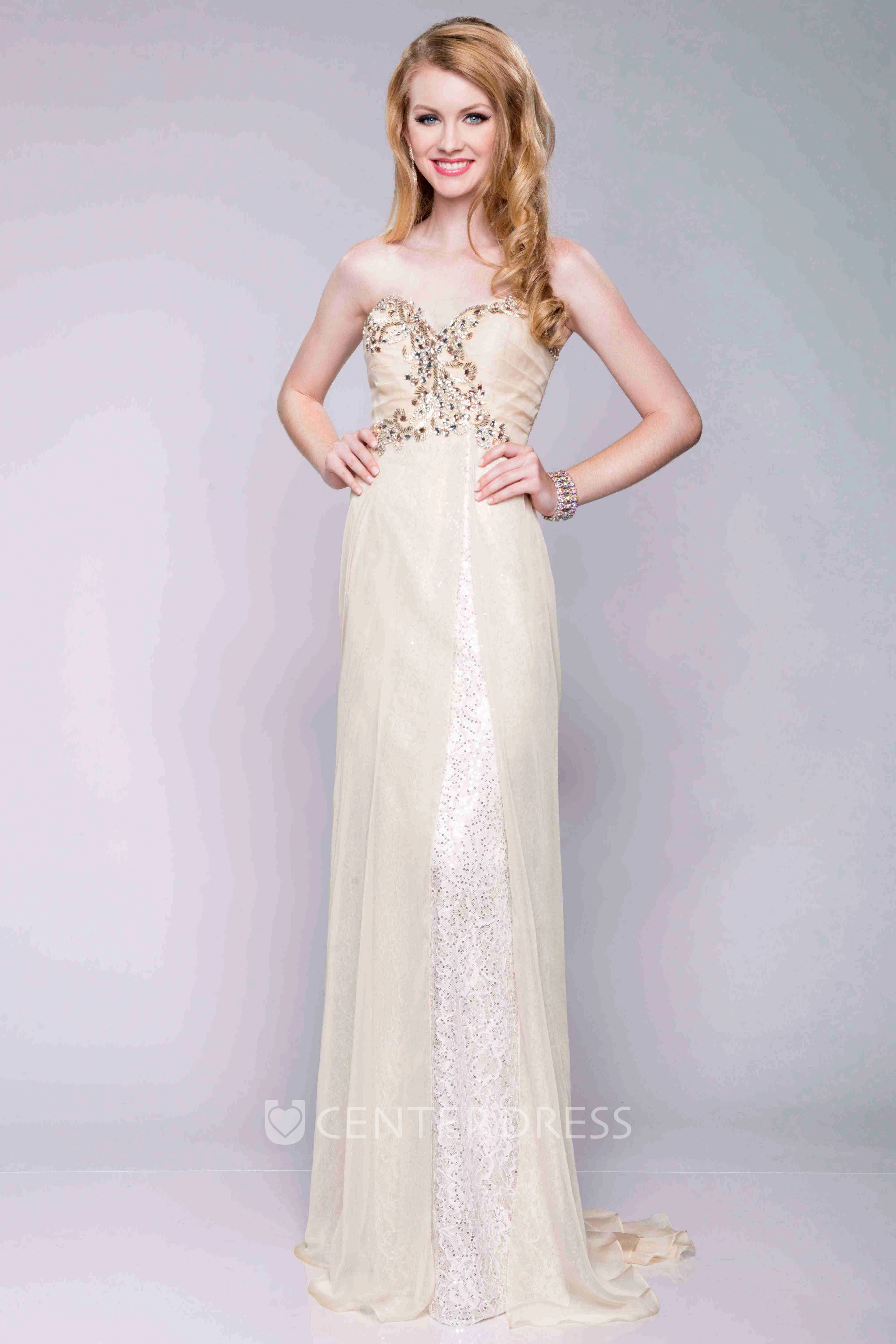 Empire Column Chiffon Sweetheart Prom Dress With Jeweled Top