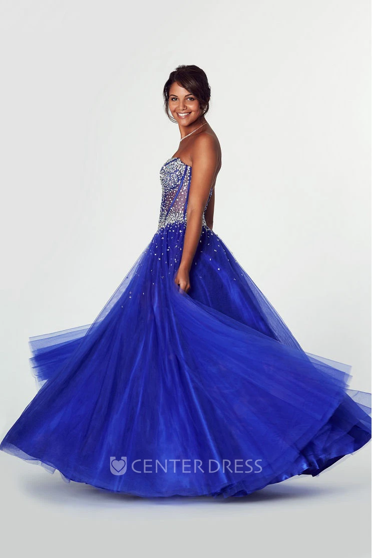 A-Line Strapless Beaded Tulle Prom Dress With Lace-Up Back