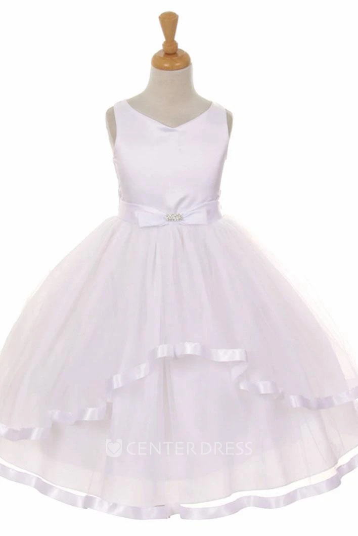 Tea-Length Peplum Tiered Bowed Tulle&Satin Flower Girl Dress With Ribbon