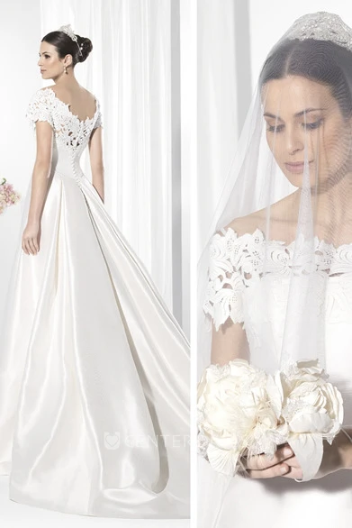 Bateau-Neck Short-Sleeve Satin Wedding Dress With Lace