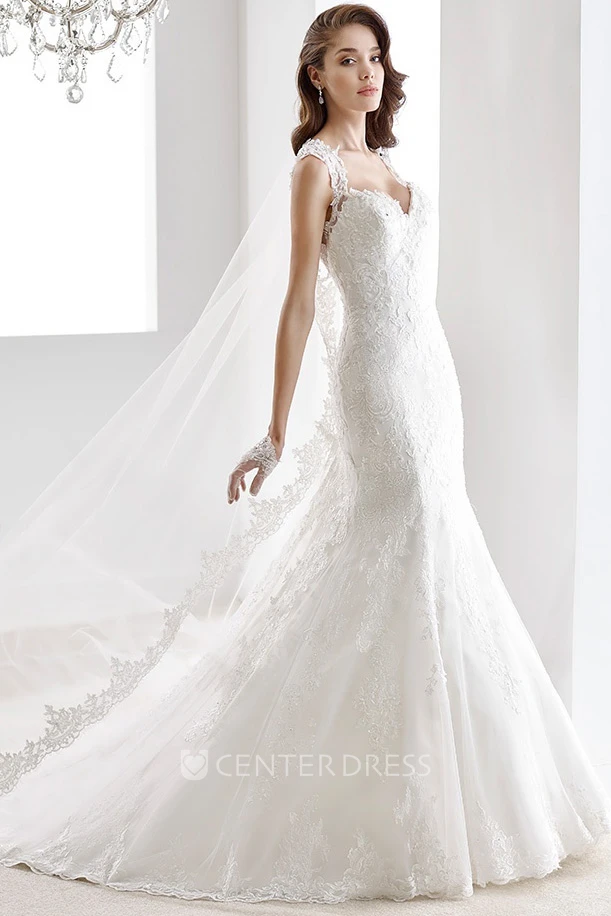 Sweetheart Cap Sleeve Sheath Lace Gown With Appliques Straps And Keyhole Back
