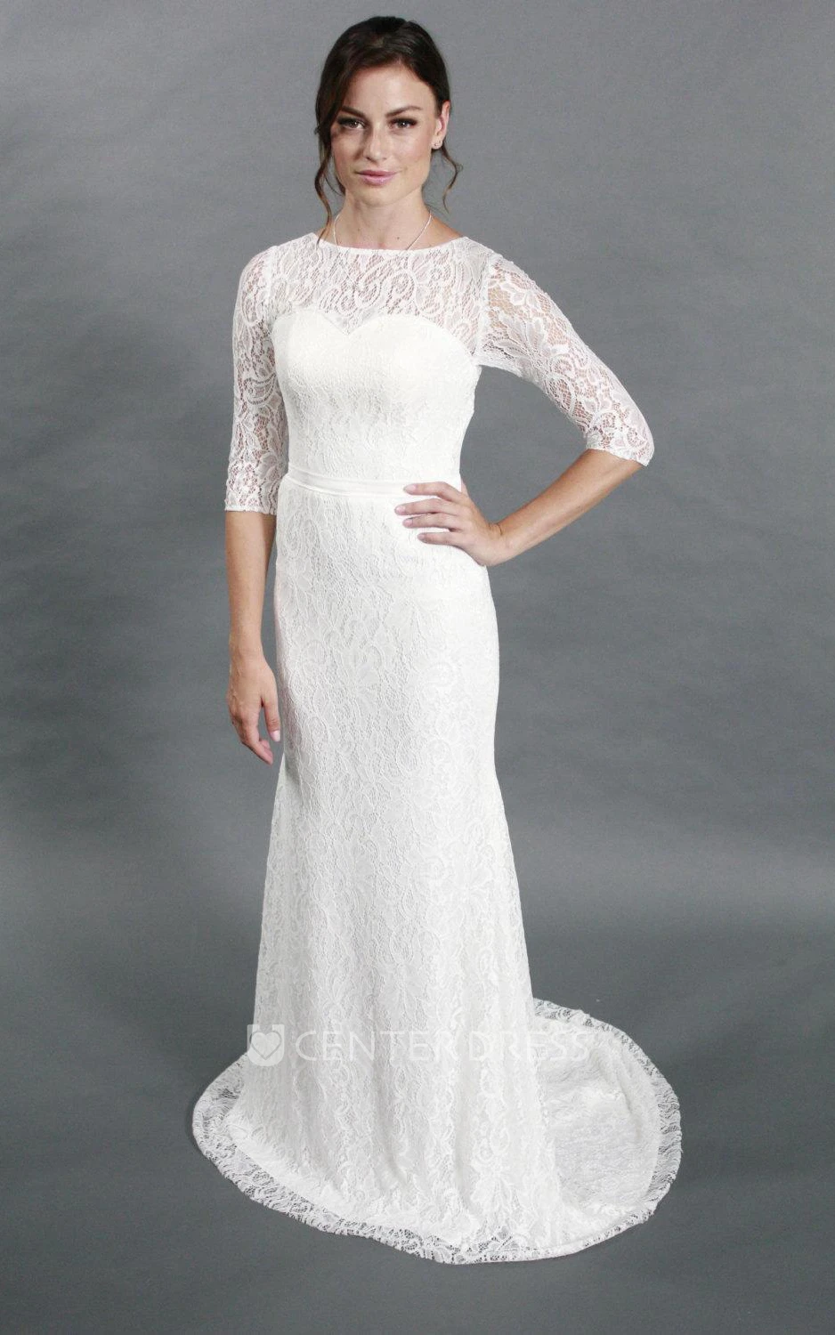 Simple Style Sheath Lace Wedding Dress With Half Sleeves