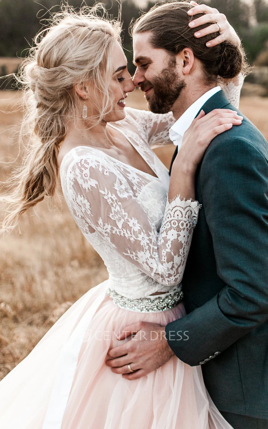 Ball Gown 3/4 Length Sleeve Lace Tulle Romantic Button Illusion Wedding Dress with Sash
