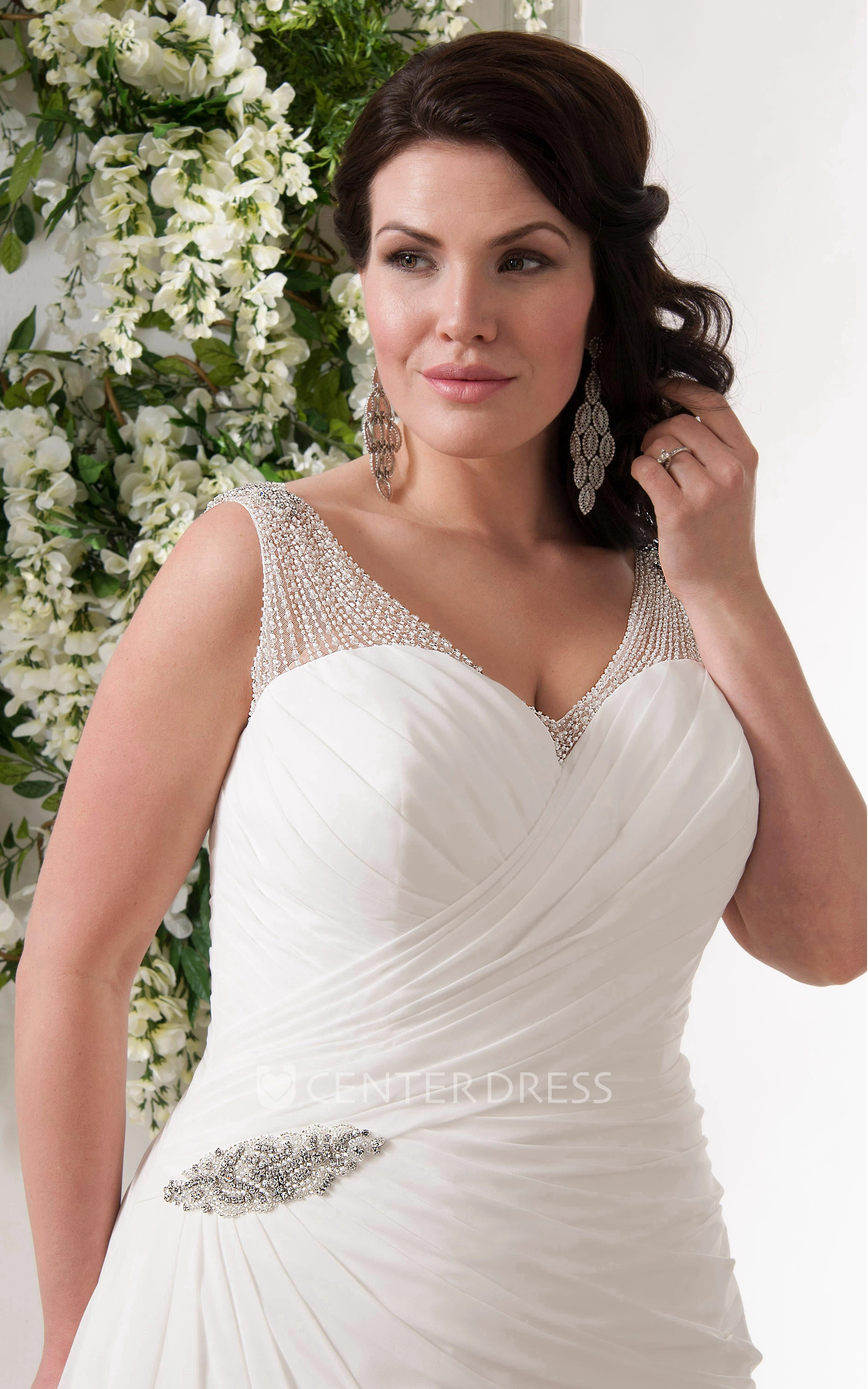 Sleeveless V-Neck Chiffon Dress With Beading And Side Ruching