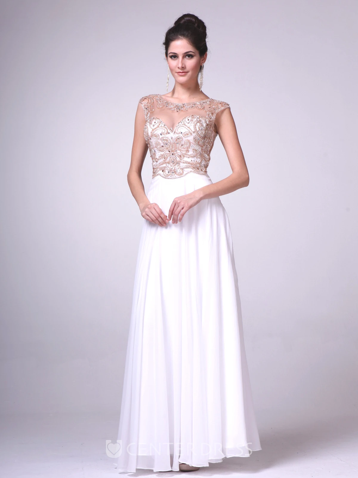 A-Line Ankle-Length Scoop-Neck Cap-Sleeve Illusion Dress With Beading