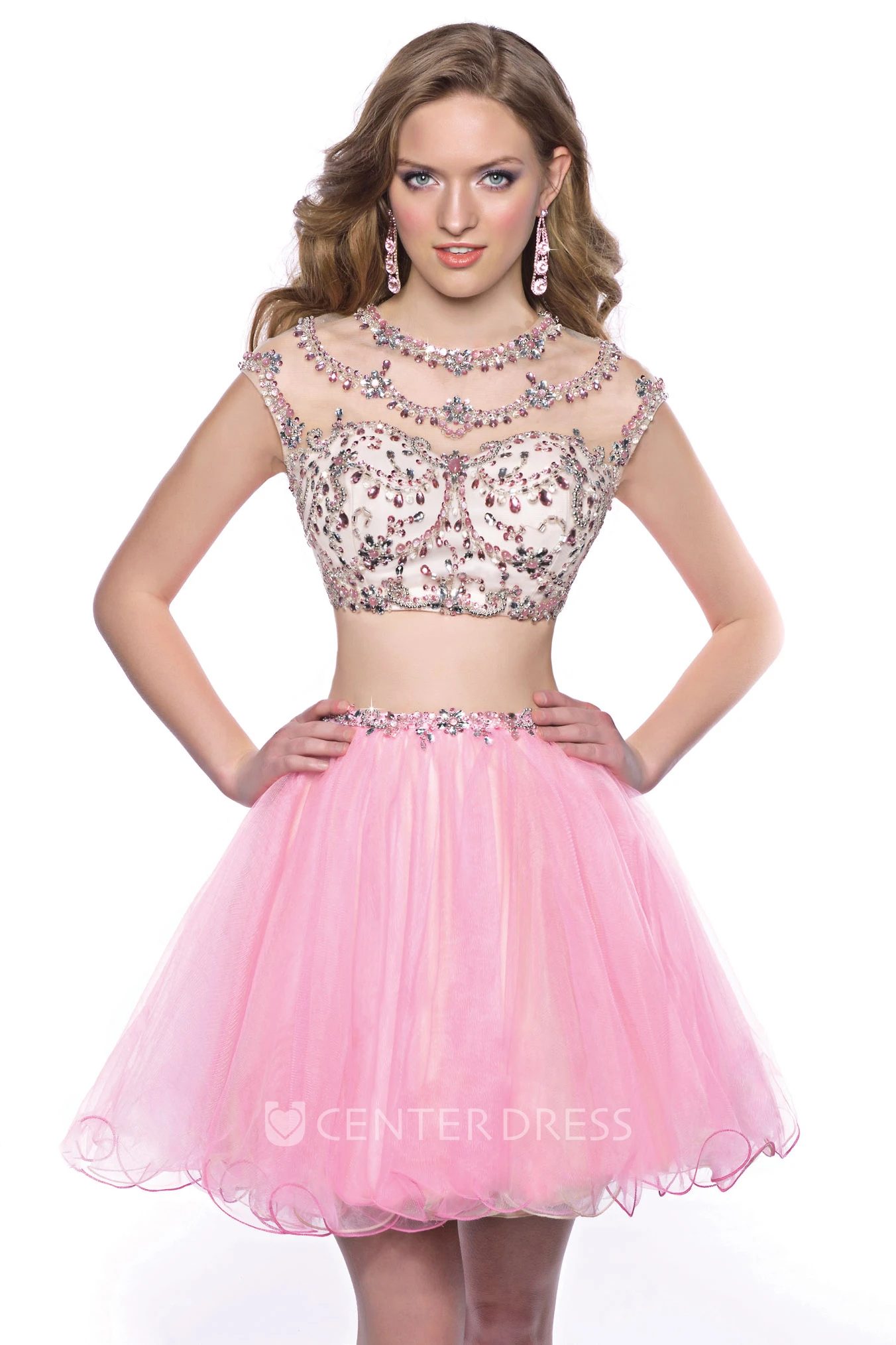 Cap Sleeve Two-Piece Mini Homecoming Dress With Jeweled Top And Tulle Skirt