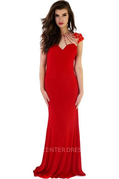 Sheath Beaded Floor-Length Cap-Sleeve Scoop Jersey Prom Dress With Keyhole Back And Flower