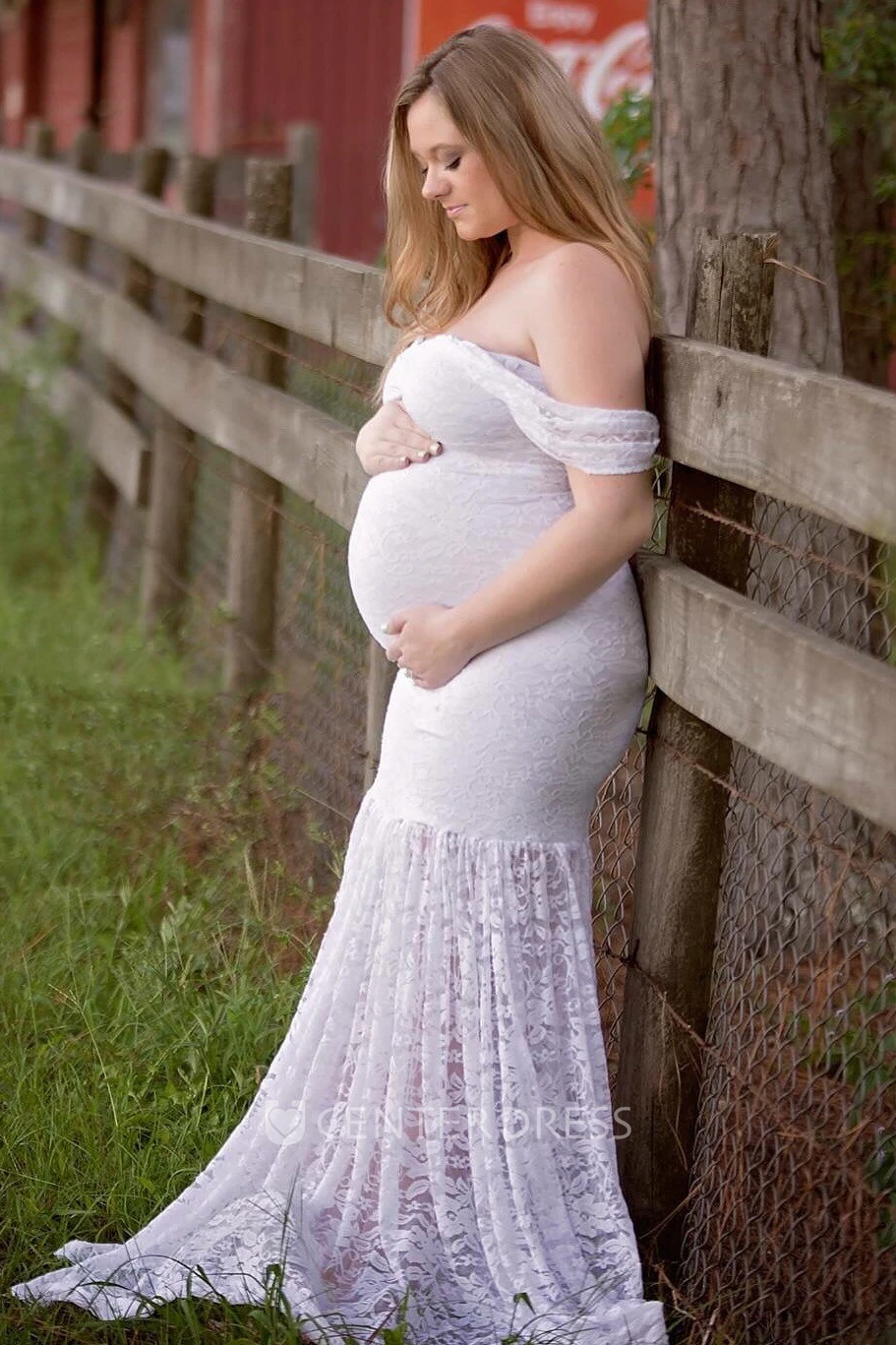 Mermaid Lace Off-the-shoulder Short Sleeve Pleated Ruched Maternity Wedding Dress