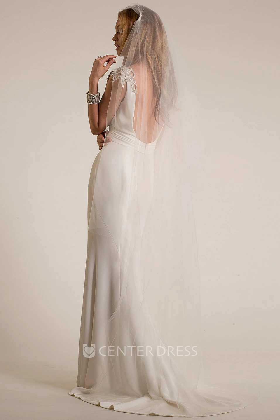 Sheath Cap-Sleeve V-Neck Floor-Length Epaulet Wedding Dress