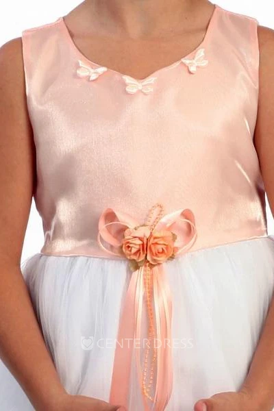 Tea-Length Floral Floral Tulle&Satin Flower Girl Dress