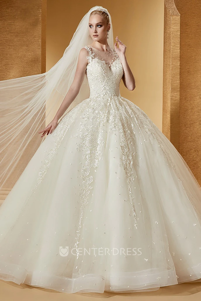 Romantic Cap Sleeve Appliques Ball Gown With Illusive Neckline And Brush Train