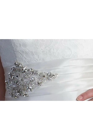 Bateau Neck Lace Top A-Line Satin Bridal Gown With Beading Sash