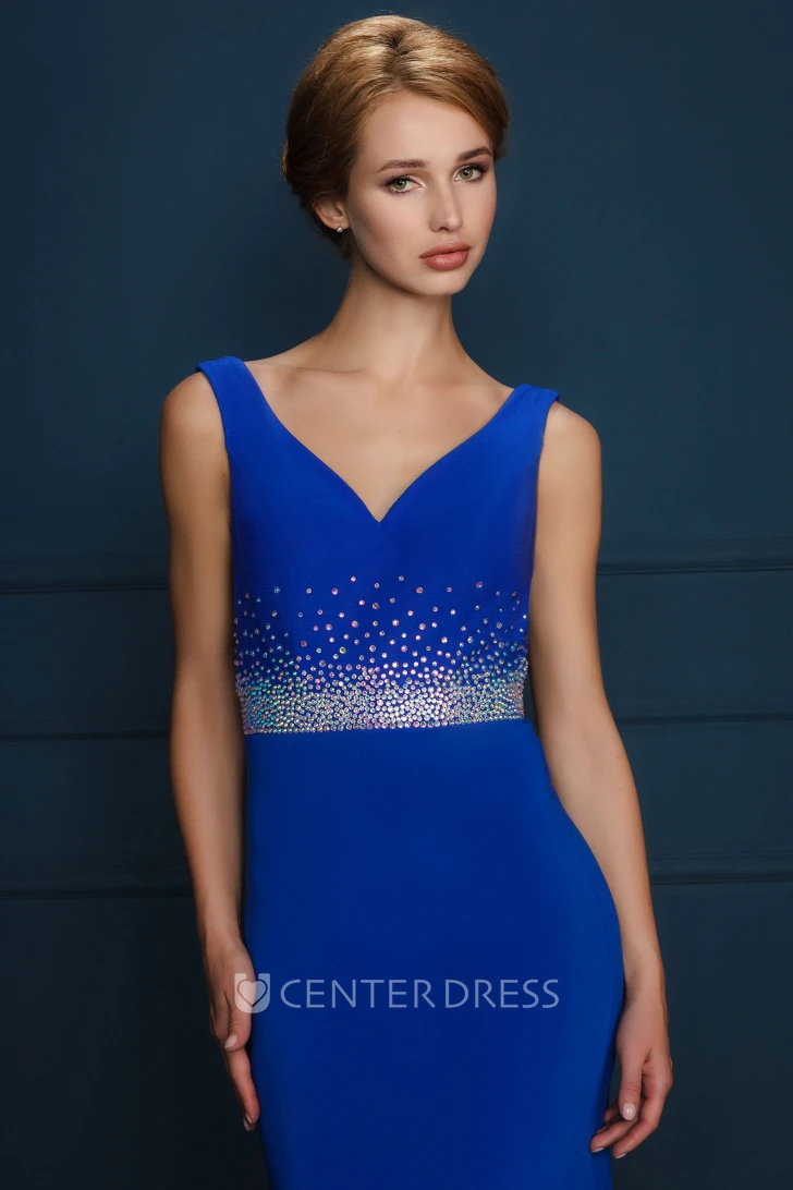 Sleeveless Beaded Floor-Length V-Neck Jersey Evening Dress With Pleats