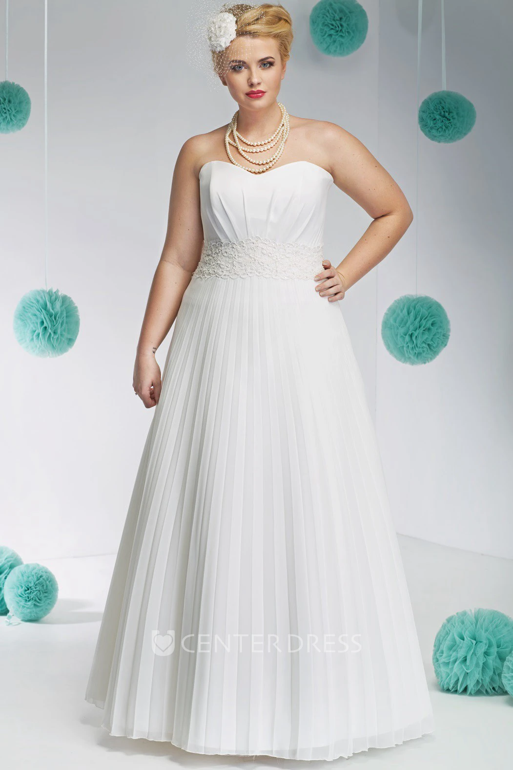 A-Line Sleeveless Pleated Floor-Length Sweetheart Satin&Organza Plus Size Wedding Dress With Appliques