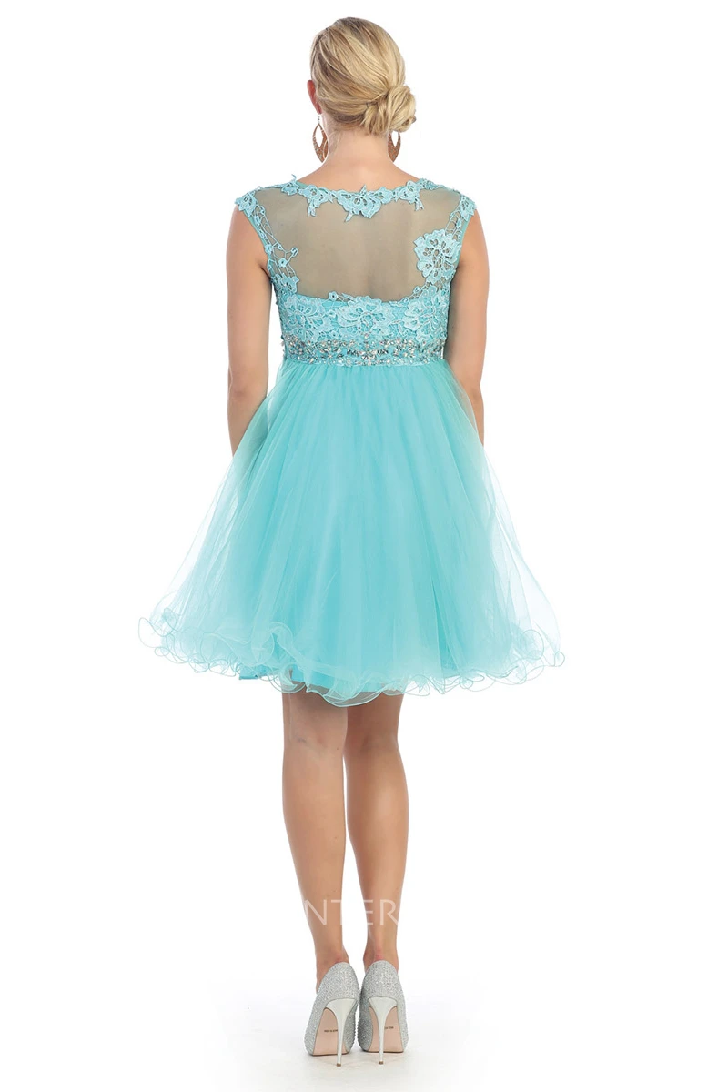 A-Line Mini Jewel-Neck Cap-Sleeve Tulle Illusion Dress With Appliques And Waist Jewellery