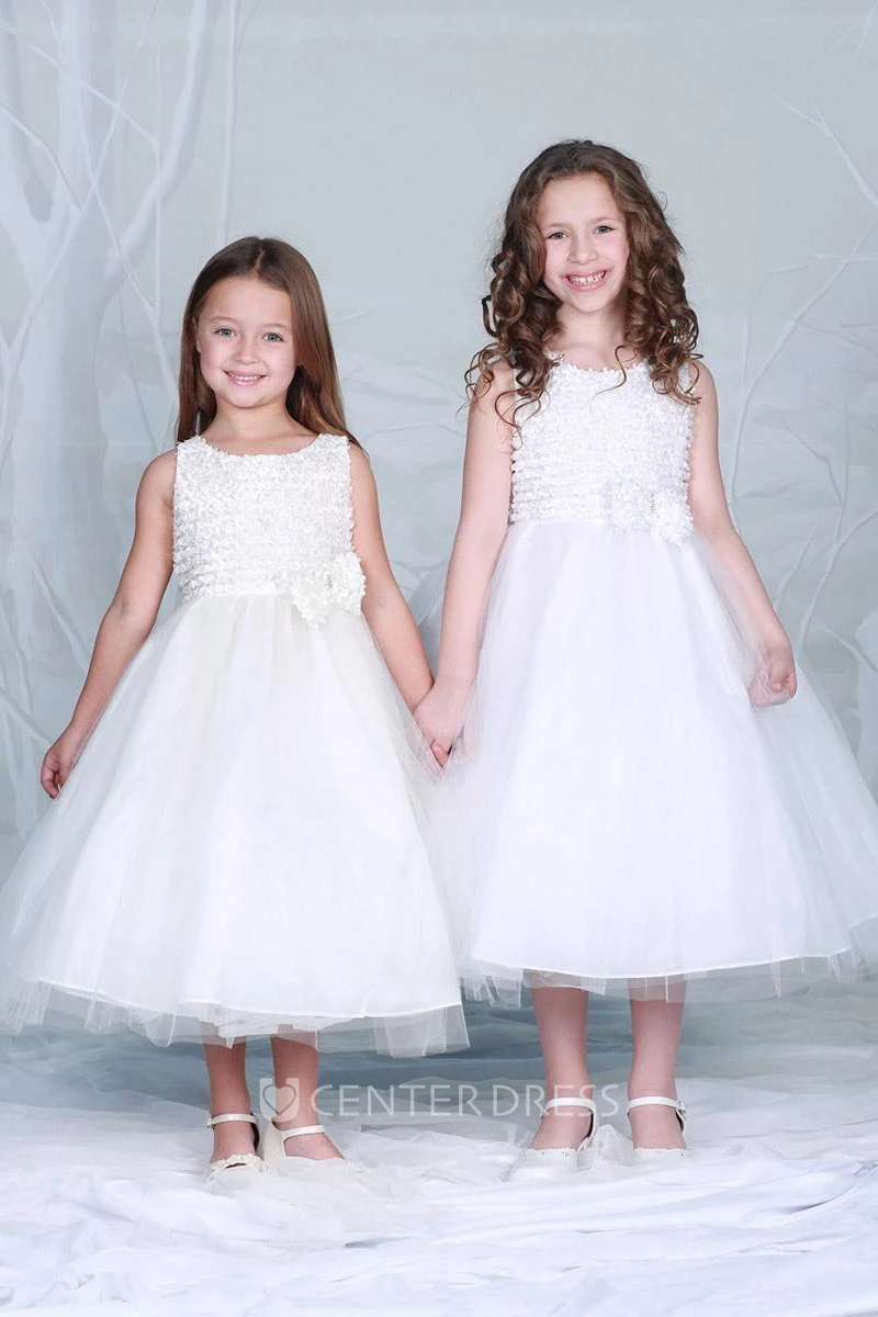 Tea-Length Bowed Tiered Tulle Flower Girl Dress