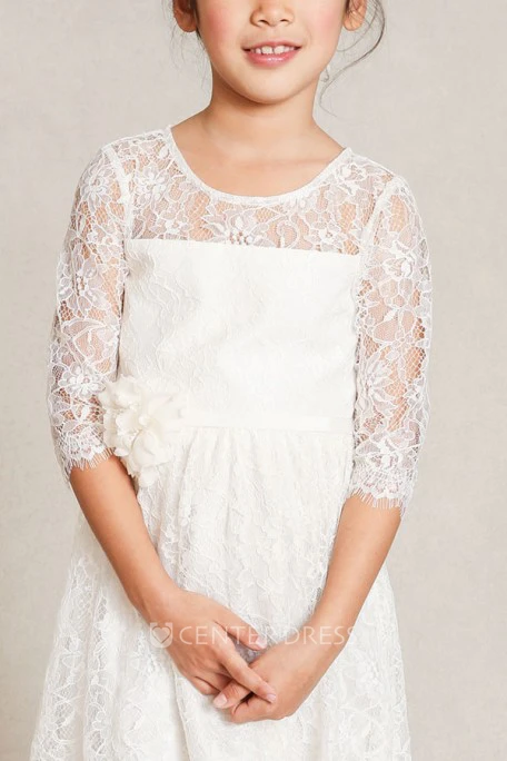 A-Line Floor-Length Half-Sleeve Scoop-Neck Lace Flower Girl Dress