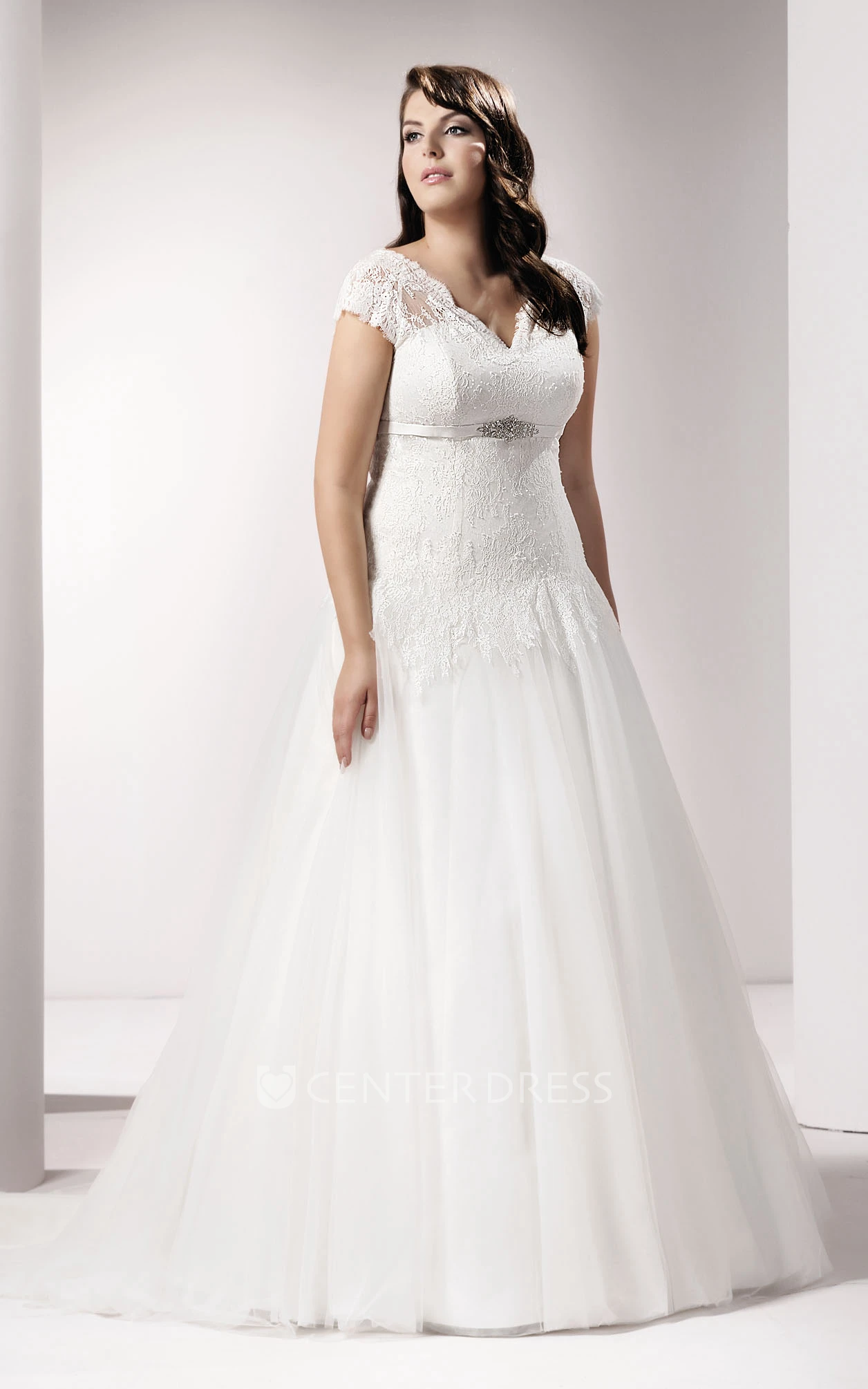 Caped-Sleeve V-Neck A-Line Dress With Pleats And Broach