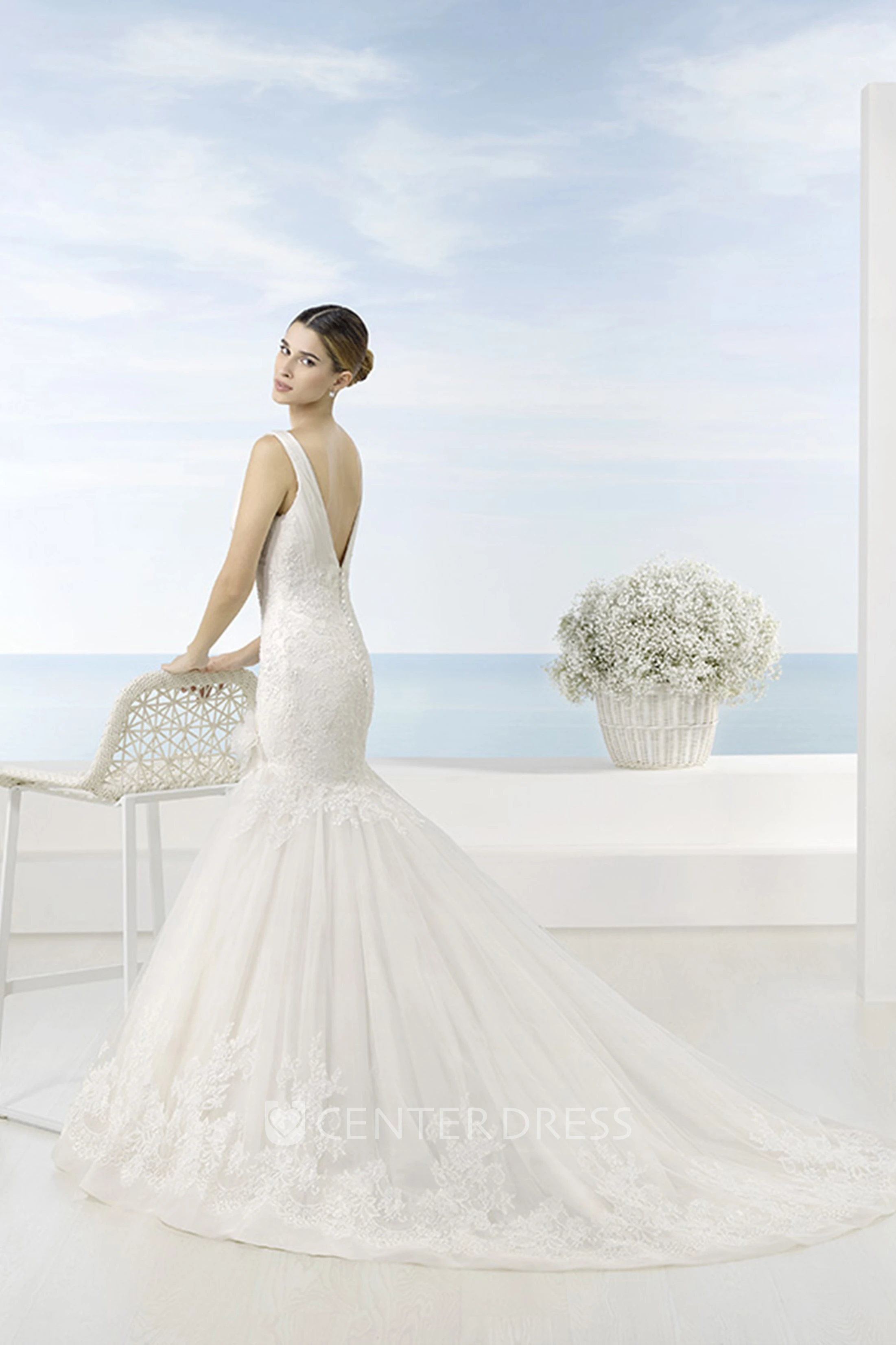 Trumpet Sleeveless Appliqued Long V-Neck Lace Wedding Dress With Flower And Deep-V Back